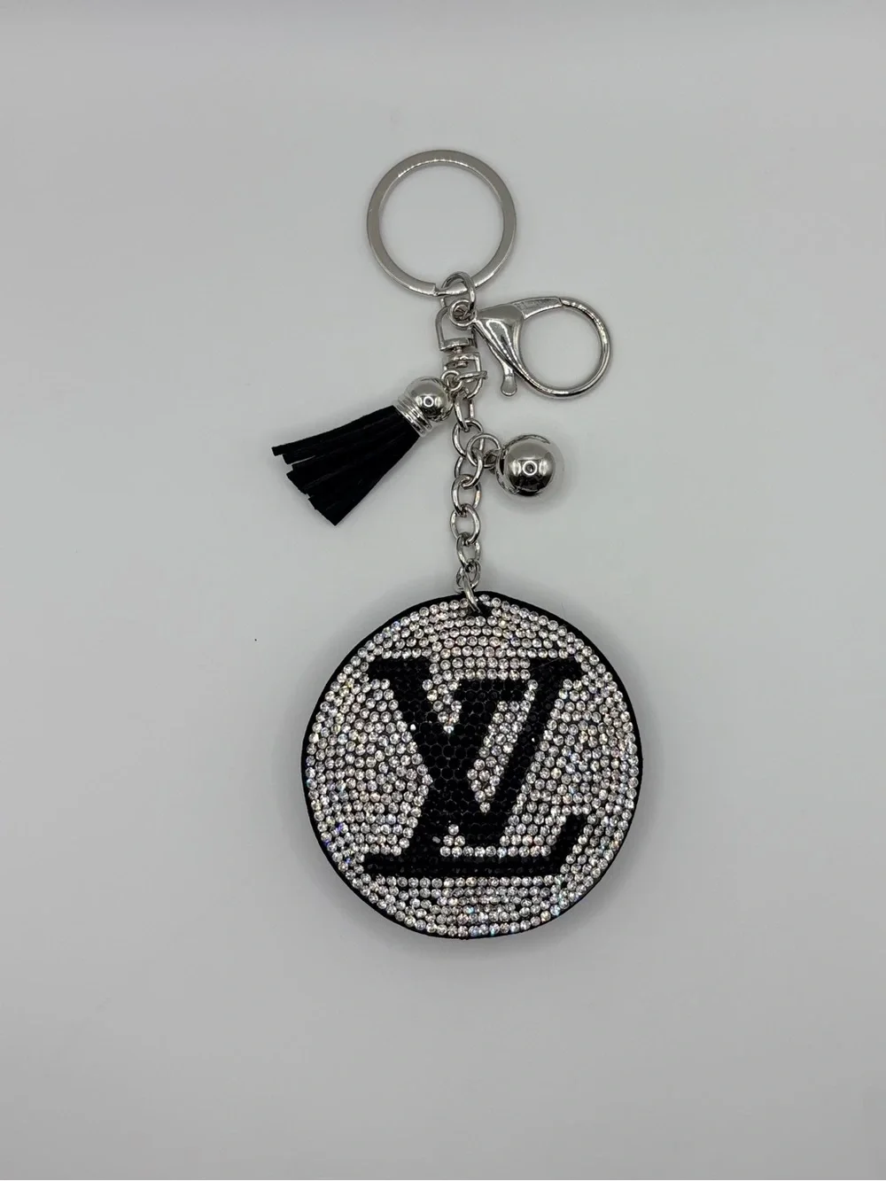 Crystal Monogram Round Keychain with Tassel - Black & Silver